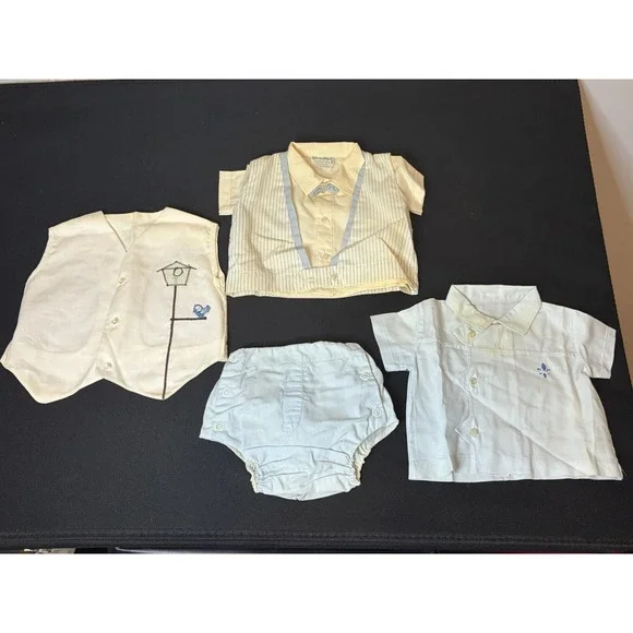 Vtg Baby Togs Boy Clothes/Blue/Embroidered/Button Down/Vest/50's-70's?/Bird Lot - Picture 1 of 12